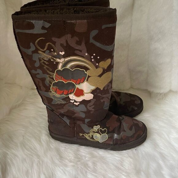 Skechers brown faux suede graphic design faux fur lining calf boots size… - Picture 1 of 12